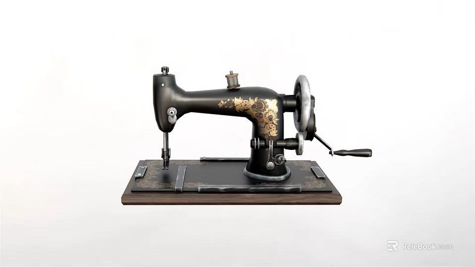 Vintage Industrial Sewing Machine With Black Metal Body Gold Decorative Patterns And Manual Hand Crank 3d model 