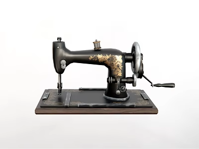 Vintage Industrial Sewing Machine With Black Metal Body Gold Decorative Patterns And Manual Hand Crank 3d model