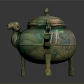 Ancient Bronze Sculpture Vessel With Animal Head Lid Three Legs And Long Spout
