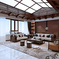 Elegant New Chinese Style Living Room With Solid Wood Furniture And Decorative Wooden Ceiling Design