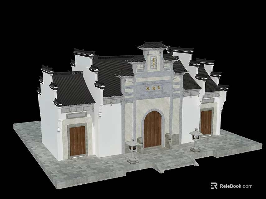 Ancient Chinese Traditional Architecture With White Walls Black Roof Main Gate And Stone Lions 3d model 