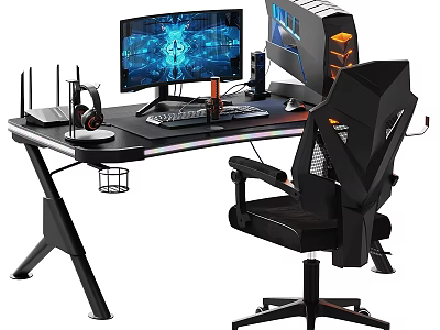 Gaming Desk and Chair Set with RGB Lighting and Computer Accessories 3d model