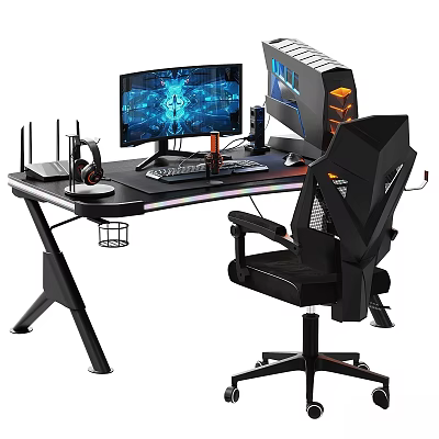 Gaming Desk and Chair Set with RGB Lighting and Computer Accessories 3d model