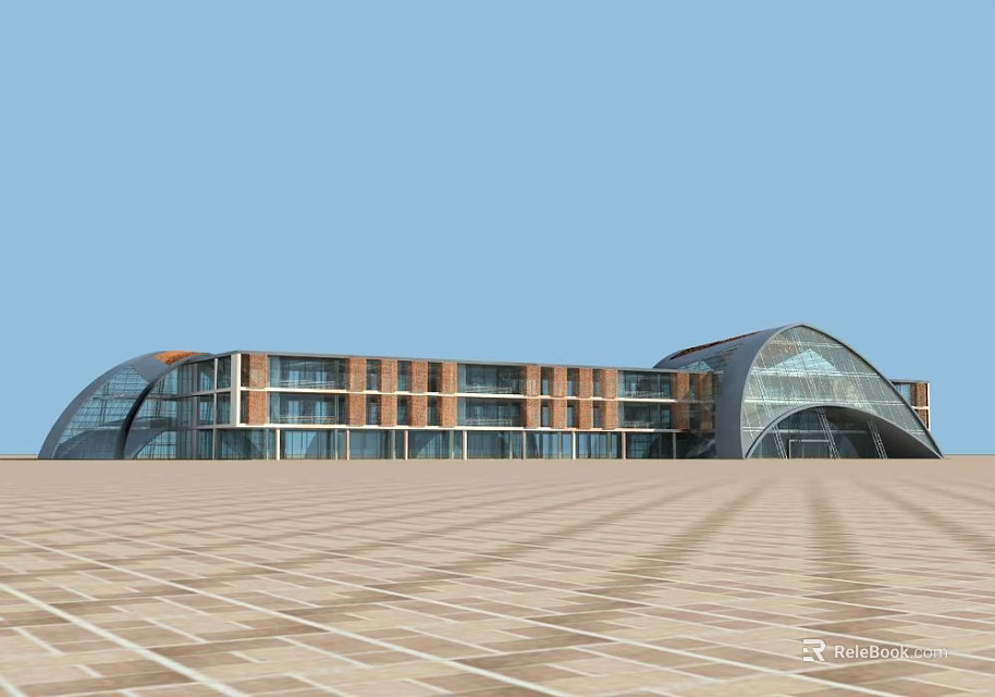 Cultural Center Featuring Modern Curved Glass Facade And Spacious Front Plaza 3d model 