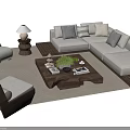 Modern Sofa And Coffee Table Set With Plush Pillows Wooden Table And Area Rug