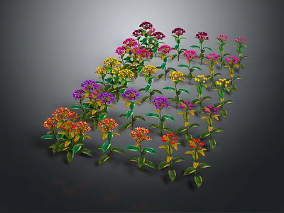 Colorful Flowers Red Yellow Purple Pink With Green Leaves In Wavy Pattern On Dark Background 3d model