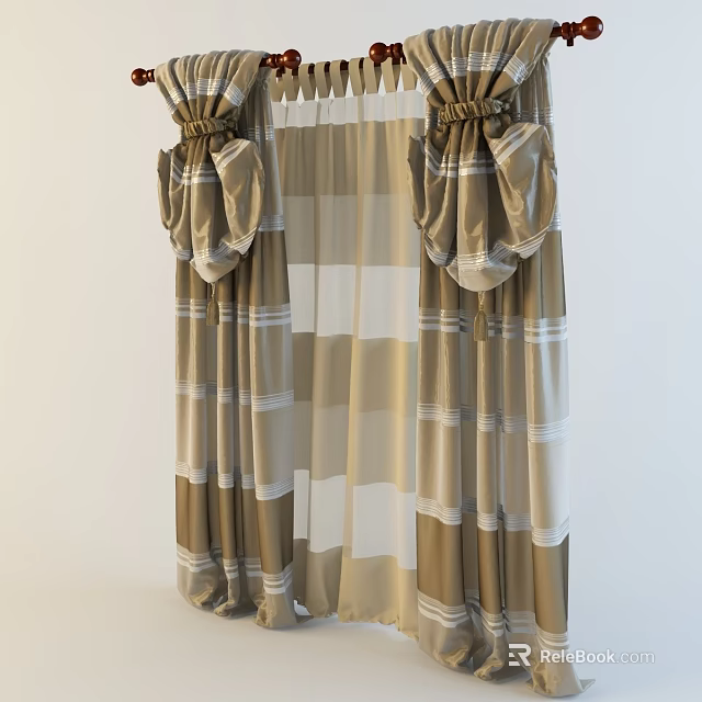Brown And White Striped Curtains With Decorative Puffed Valances And Sheer Panels 3d model 