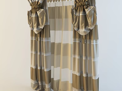 Brown And White Striped Curtains With Decorative Puffed Valances And Sheer Panels 3d model