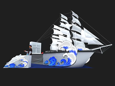 White Sailboat Shaped Display Shelf With Blue Wave Decorations And Person Beside 3d model