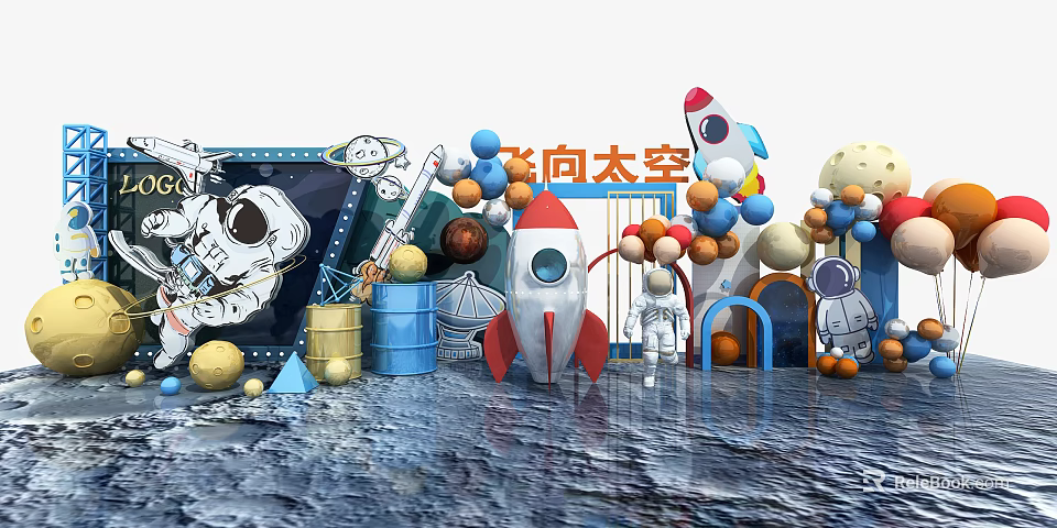 Space Themed Decorations With Rocket Astronaut Balloons And Planets 3d model