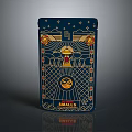 Dark Blue Decorative Screen with Intricate Golden Patterns Geometric Designs Sun Motif and SMELLIS Logo