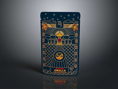 Dark Blue Decorative Screen with Intricate Golden Patterns Geometric Designs Sun Motif and SMELLIS Logo 3d model