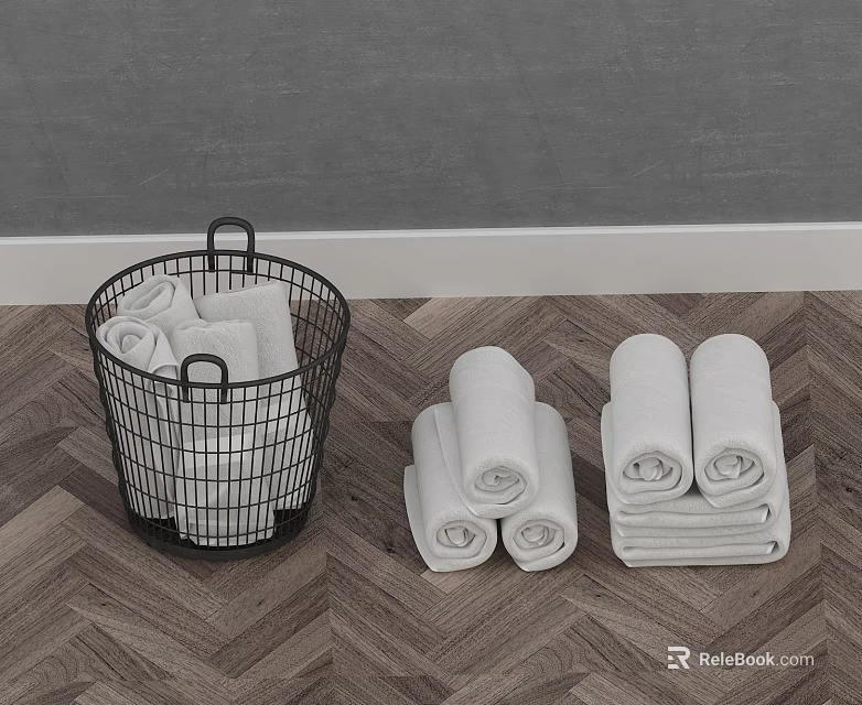 Bathroom Accessories Featuring Organized Towels and Black Storage Basket on Wooden Floor 3d model 