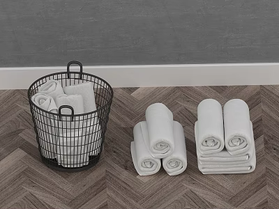 Bathroom Accessories Featuring Organized Towels and Black Storage Basket on Wooden Floor 3d model