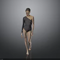 Woman in One Shoulder Black Bodysuit Standing in Full Length Pose Against Grey Studio Background