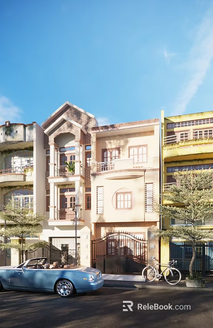 Elegant Two Story Detached Villa With Arched Doorway Balcony And Beige Exterior 3d model 