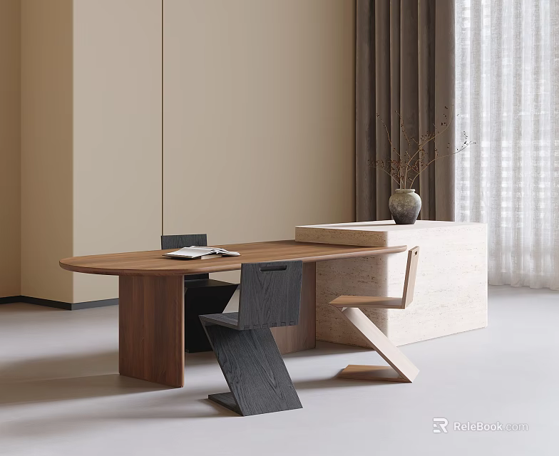 Modern Walnut Wooden Table With Sleek Black Chairs In Minimalist Interior With Dried Branch Vase 3d model 