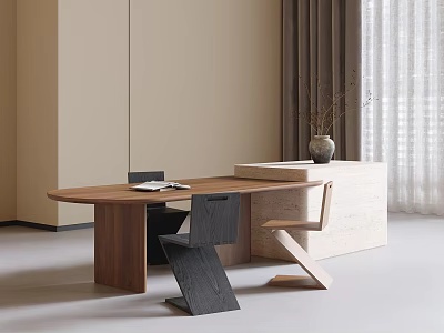 Modern Walnut Wooden Table With Sleek Black Chairs In Minimalist Interior With Dried Branch Vase 3d model