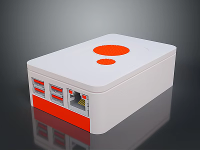 White Electronic Device With Orange Circles Red Base And Multiple Ports 3d model