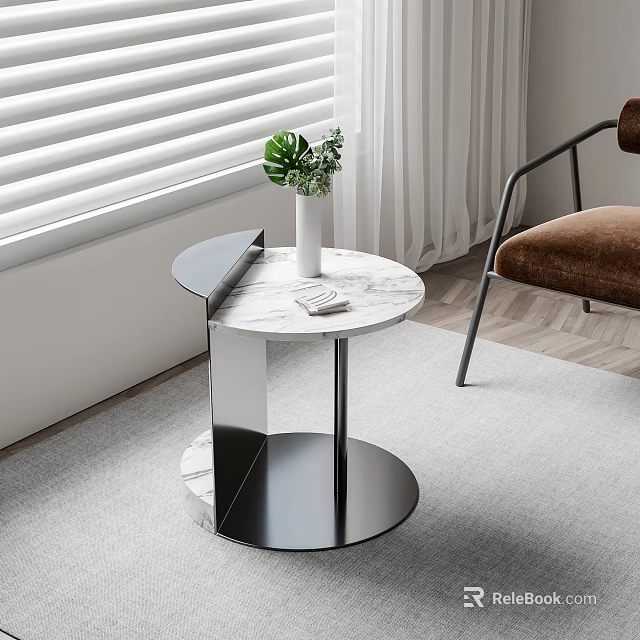 Modern Round Side Table With Marble Top Metal Base And Green Plant In Living Room 3d model 