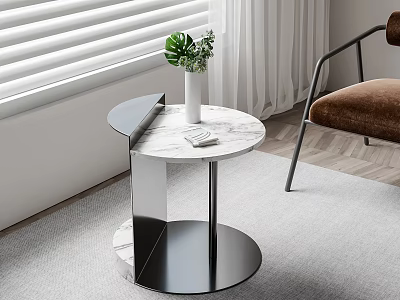 Modern Round Side Table With Marble Top Metal Base And Green Plant In Living Room 3d model