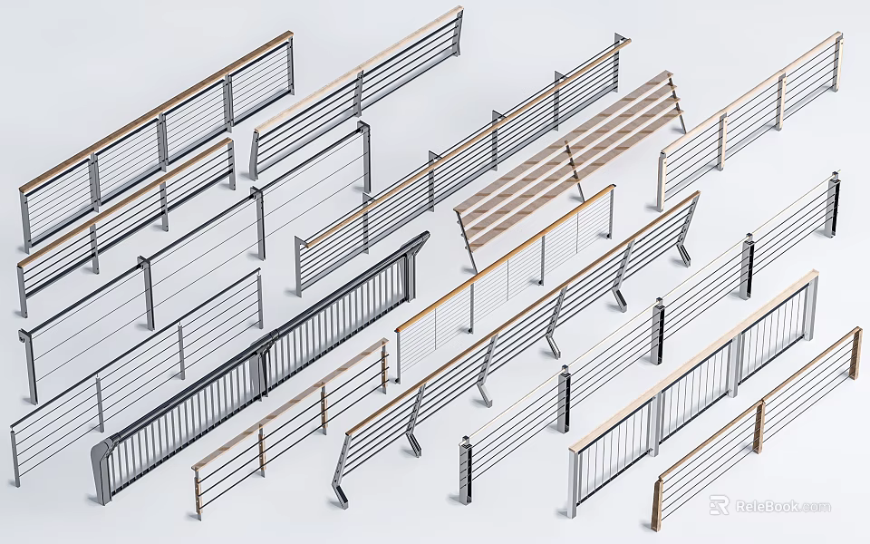 Various Railings with Different Designs and Materials Including Metal and Wooden Structures 3d model 