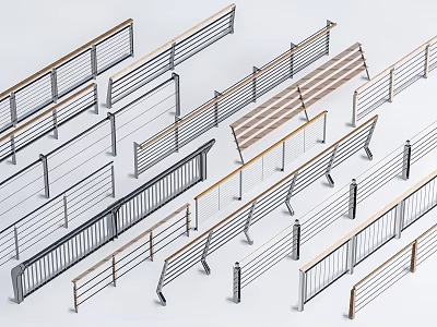 Various Railings with Different Designs and Materials Including Metal and Wooden Structures 3d model