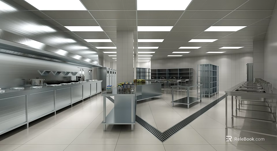Spacious Commercial Restaurant Kitchen With Stainless Steel Workstations Storage Shelves And Bright Ceiling Lighting 3d model 