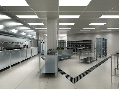 Spacious Commercial Restaurant Kitchen With Stainless Steel Workstations Storage Shelves And Bright Ceiling Lighting 3d model