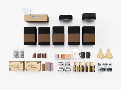 Various Kitchen Utensils Including Storage Boxes Coffee Cups Jars And Packaged Items In Neutral Tones 3d model