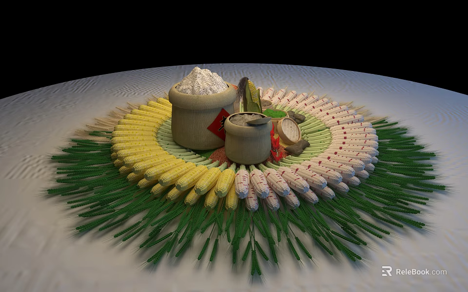 Traditional Corn And Flour Food Display With Circular Arrangement And Straw Decorations 3d model 