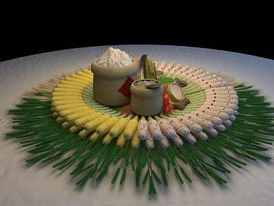 Traditional Corn And Flour Food Display With Circular Arrangement And Straw Decorations 3d model