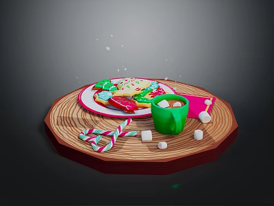 Christmas Themed Cookies On Wooden Tray With Green Cup Hot Drink Marshmallows And Candy Canes 3d model
