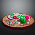 Christmas Themed Cookies On Wooden Tray With Green Cup Hot Drink Marshmallows And Candy Canes
