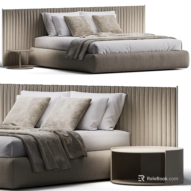 Modern Cozy Double Bed Design With Upholstered Headboard Soft Pillows Blanket And Nightstand 3d model 