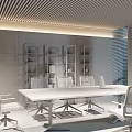 Modern Conference Room With White Table Ergonomic Chairs And Shelving Units