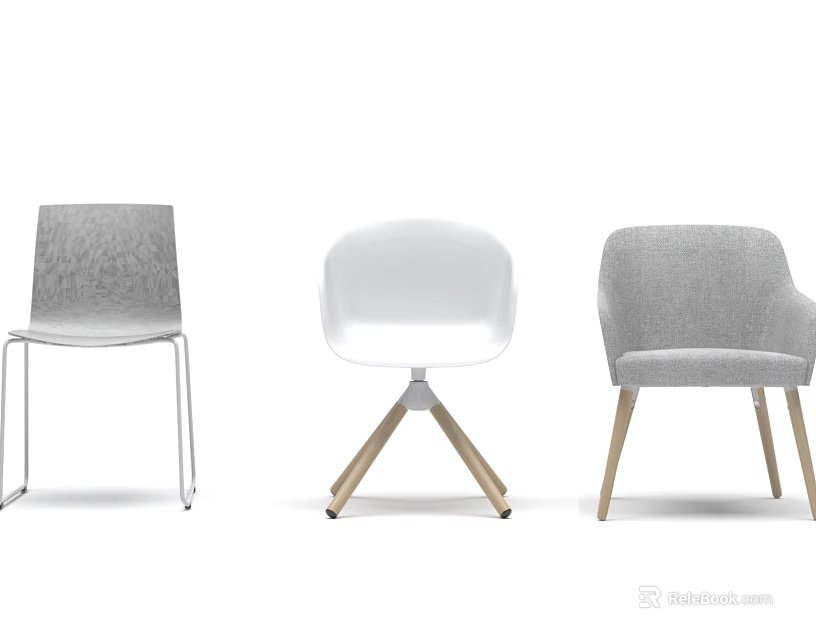 Three Modern Leisure Chairs With Gray White Fabric And Wooden Metal Legs Design 3d model 