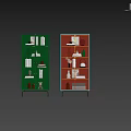 Modern Decorative Cabinets in Green and Red with Glass Doors Shelves Books and Decorative Items