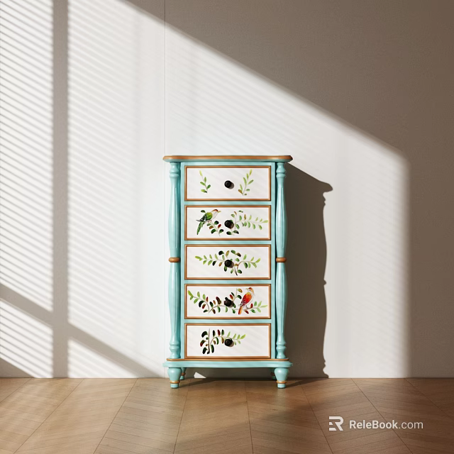 Light Blue Chest of Drawers With Hand Painted Floral and Bird Patterns on Wooden Floor 3d model 