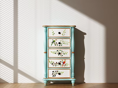 Light Blue Chest of Drawers With Hand Painted Floral and Bird Patterns on Wooden Floor 3d model