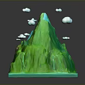 3D Green Mountain Landscape With Flowing Blue Waterfall And White Clouds