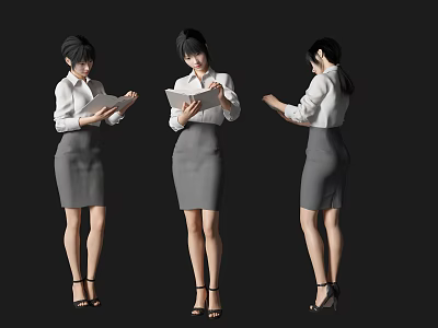 Professional Business Woman In White Shirt Gray Skirt And High Heels Reading Documents 3d model
