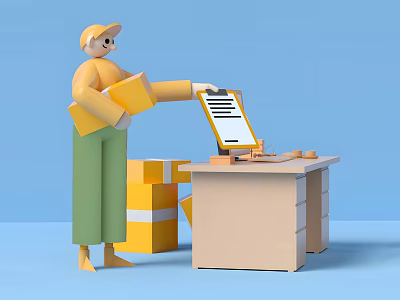 Game Movie Character Holding Package Checking Clipboard With Yellow Boxes On Blue Background 3d model