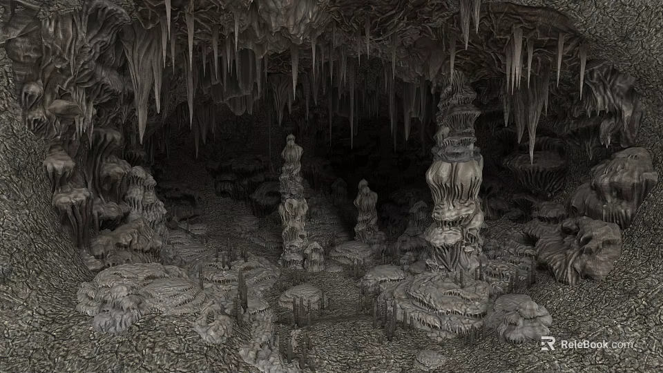 Natural Cave Microtopography Featuring Stalactites Stalagmites And Intricate Rock Formations 3d model 