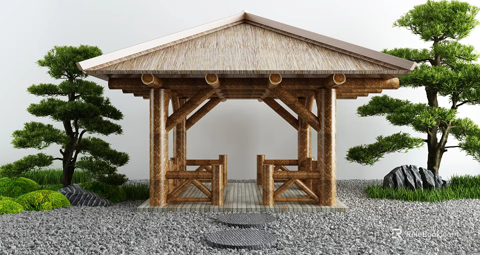 Bamboo Pavilion With Thatched Roof And Wooden Pillars Surrounded By Pine Trees And Gravel Ground 3d model 