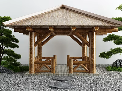Bamboo Pavilion With Thatched Roof And Wooden Pillars Surrounded By Pine Trees And Gravel Ground 3d model