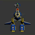 Blue And Yellow Lego Robot Model With Mechanical Legs Cannon And Spear