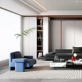 Modern Living Room Interior With Black Sofa Blue Armchair Coffee Table And Rug