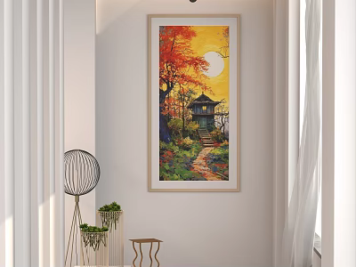 Vibrant Autumn Landscape Painting With Red Yellow Leaves Setting Sun And Traditional Pavilion 3d model