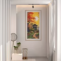 Vibrant Autumn Landscape Painting With Red Yellow Leaves Setting Sun And Traditional Pavilion